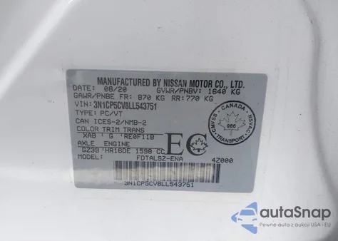 2020 Nissan Kicks Sv Xtronic Cvt z USA, uszkodzony, nr VIN 3N1CP5CV8LL543751